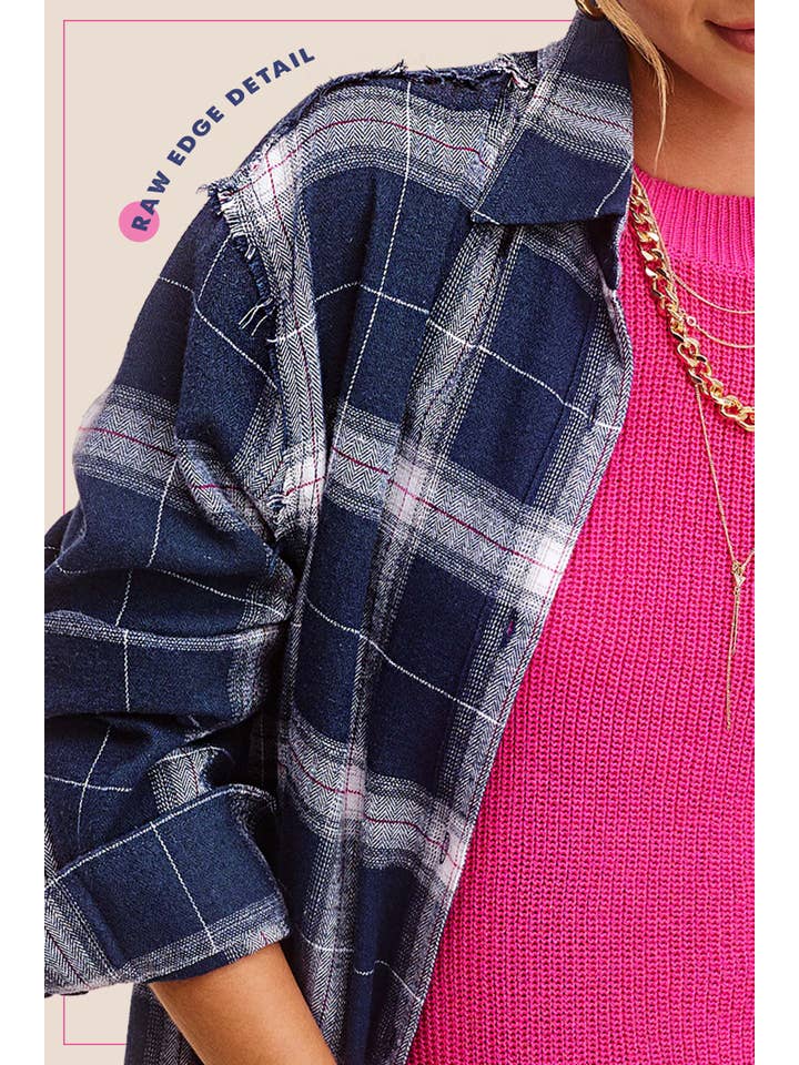 La Miel - Wholesale Button Down Shirt - Women's - SRT1372-Loose Fit Button Down Cut Edge Detailed Plaid Shirts10