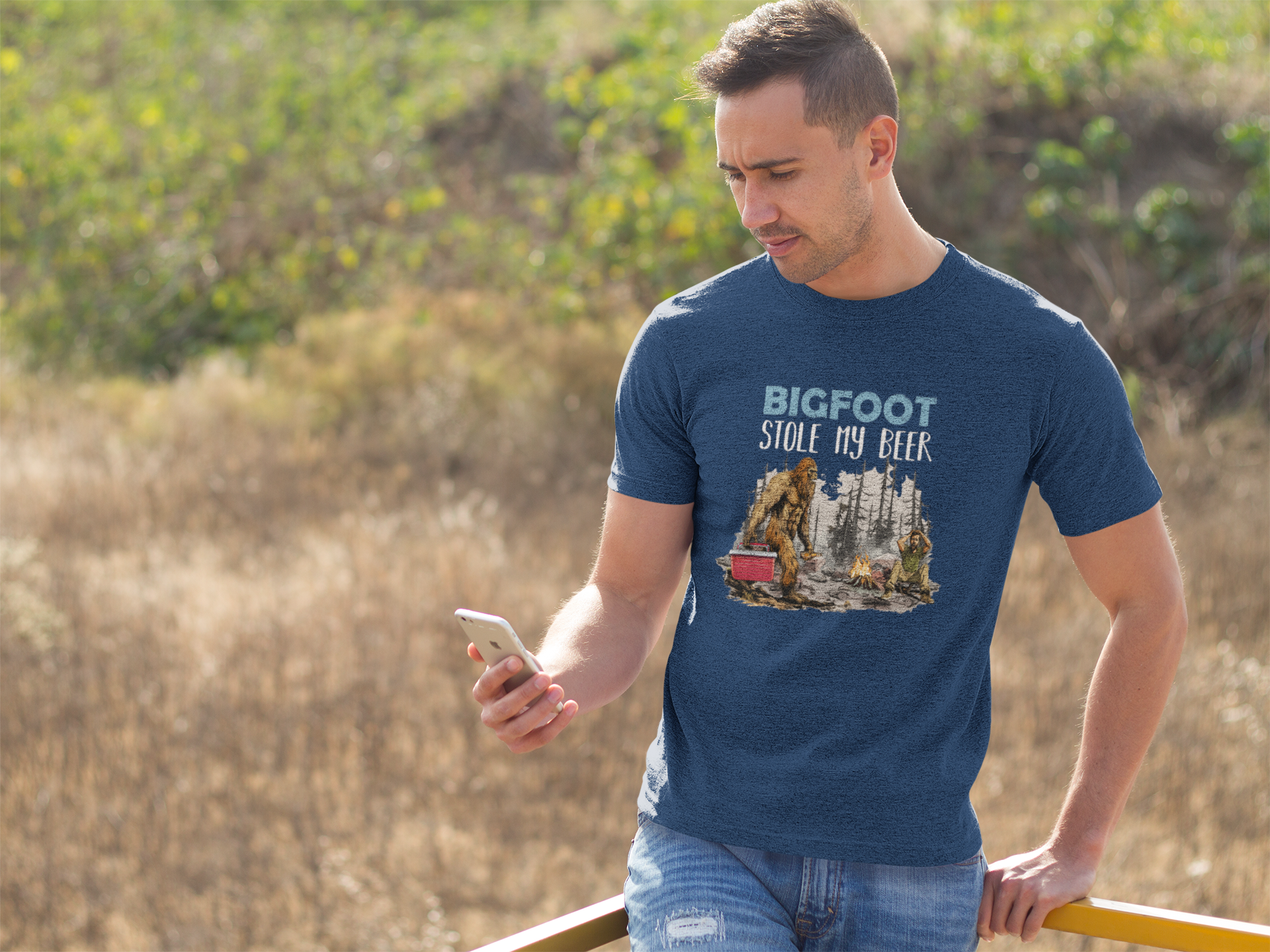 Squatchin’ Country - Wholesale T-Shirt (Graphic) - Men's - Bigfoot stole my beer t-shirt (navy blue)3