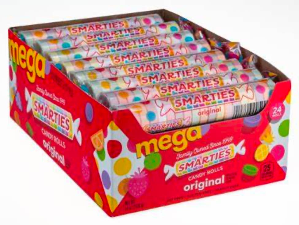 O'Shea's Candies Sweet Shop - Wholesale Hard Candy - Nostalgic 1949 ORIGINAL MEGA Smarties Rolls 24CT Display Box2