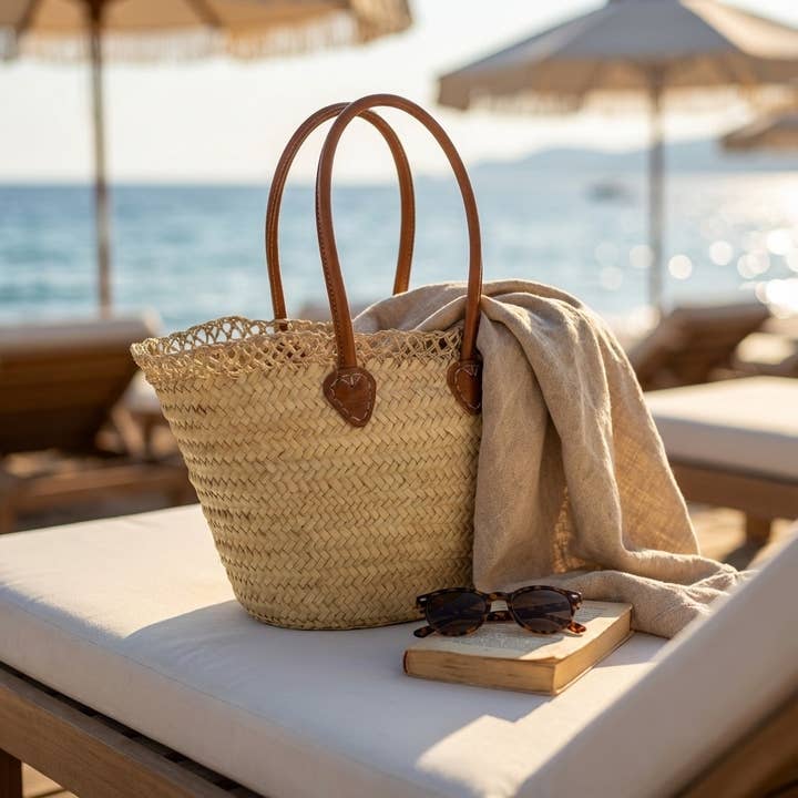 Melecraft - Vente Tote bag – femme - Panier de marché français en paille avec poignées en cuir6