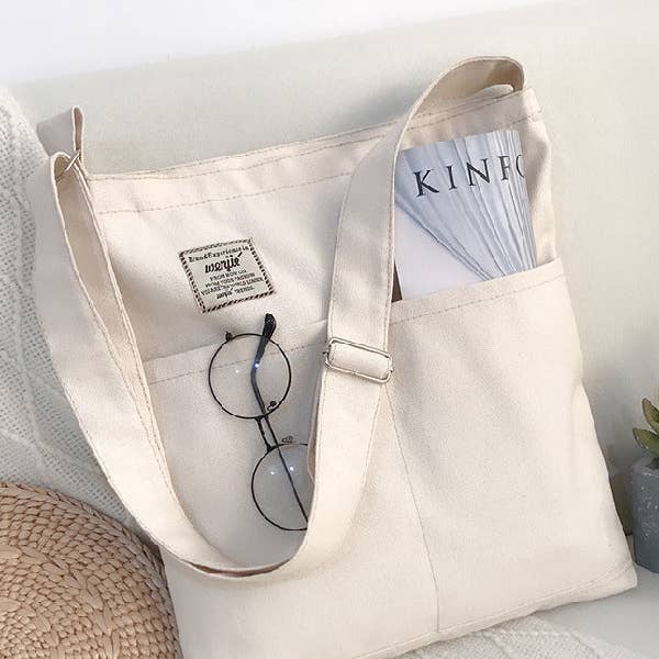 UZ Wholesale Store - Wholesale Tote Bag - Women's - Simple Solid Color With-pockets Canvas Handbag