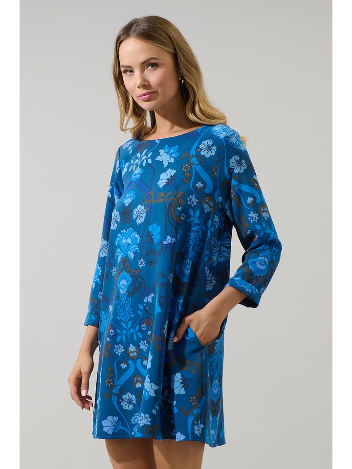 Teal Blue Palmate Floral Lonna Shift Mini Dress for wholesale on Faire2