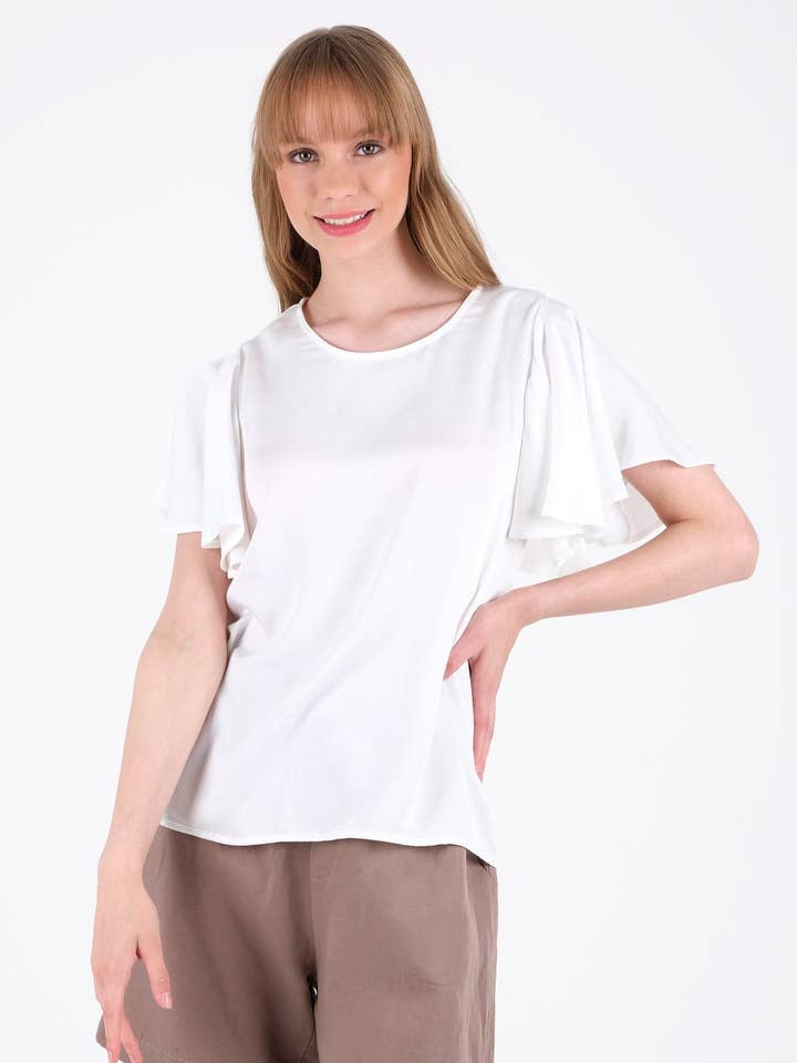 Blusa in LENZING™ ECOVERO™ con maniche a volant per la vendita all'ingrosso da parte di ORGANICATION