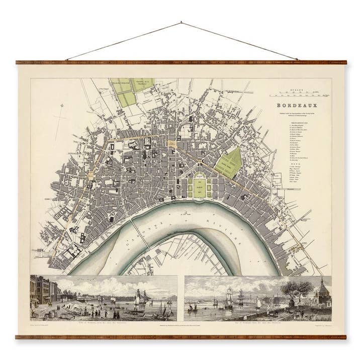 Kort over Bordeaux Vintage europæisk bykort på klar til at hænge nedrullet lærred Dekorativt antik vægdekorationskort Rulle af Frankrig for engroshandel hos Maps Vintage