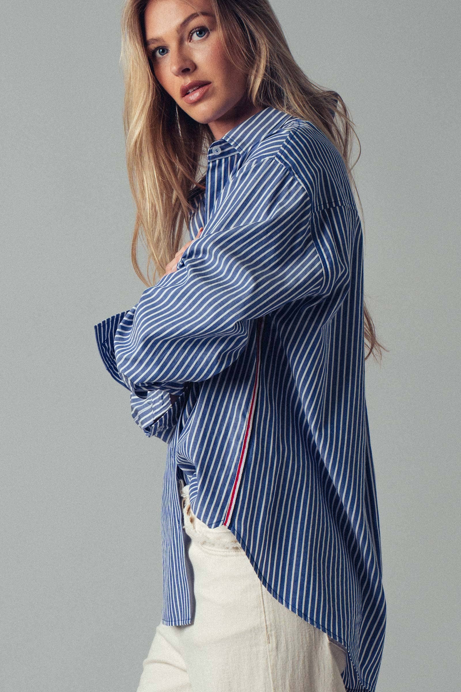 Urban Daizy - Wholesale Button Down Shirt - Women's - Striped Twill Tape Detail Statement Button Shirt17