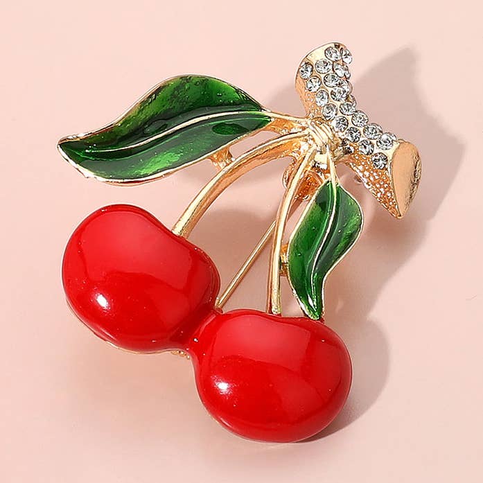 Stone Paved Enamel Cherry Pin Brooch for wholesale by Sensibling Corp.
