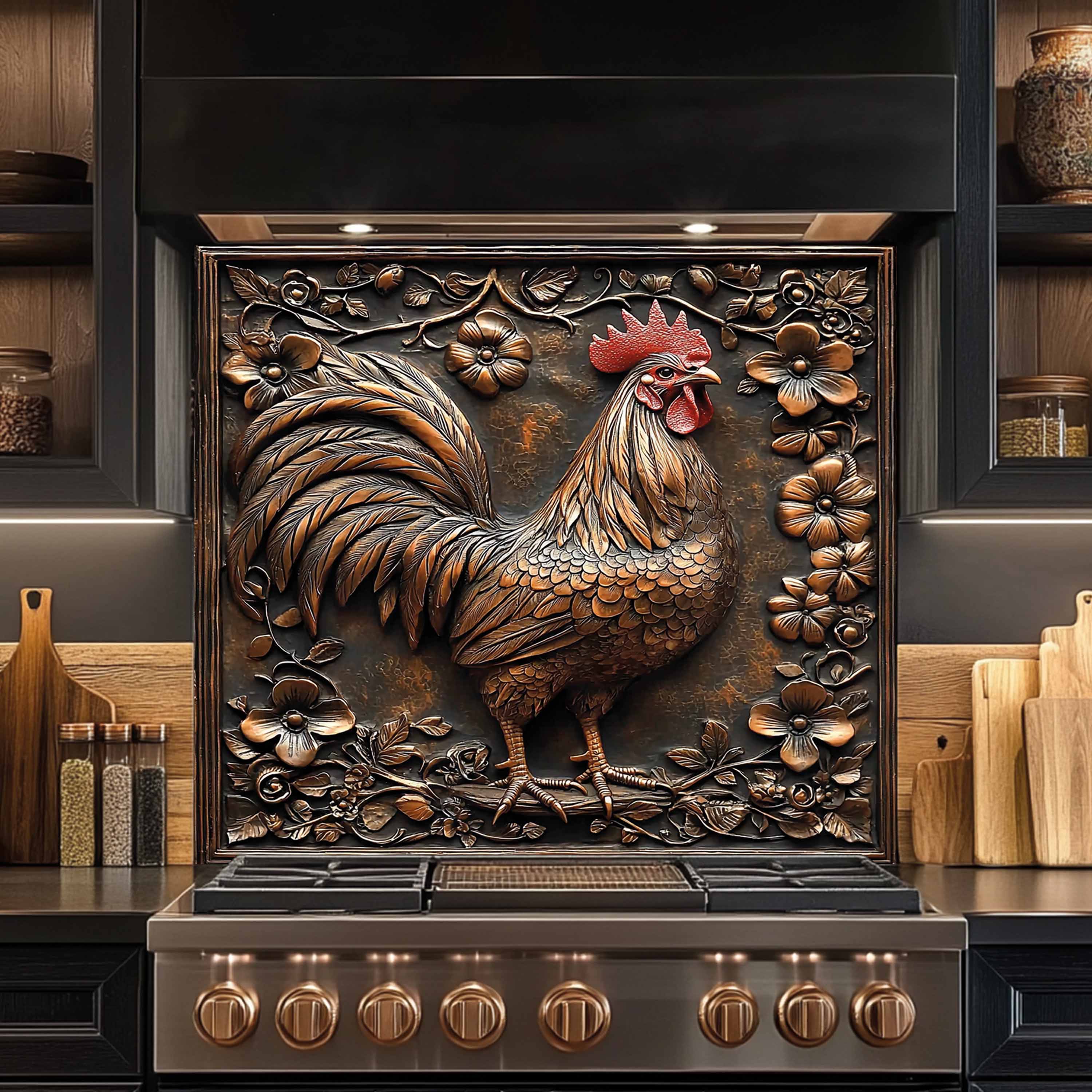 Glass Kitchen Backsplash - Wholesale Wall Accent - Copper Look Rooster Tempered Glass Backsplash – Farmhouse Kitchen Backsplash0