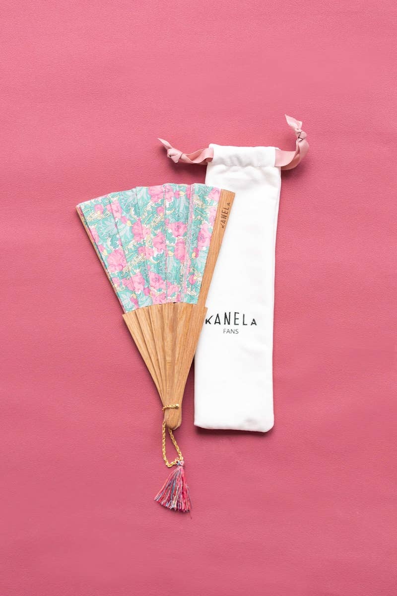 Kanela Fans - Vente Éventail - Éventail Poppy Mint en bois de limba avec tissu en coton imprimé3
