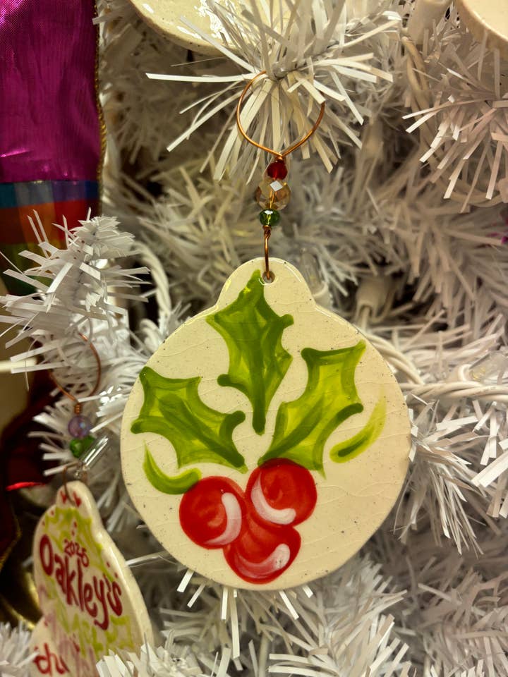 Round Holly Ornament for wholesale by Melony Designs