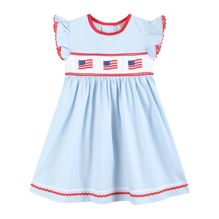 Lil Cactus - Wholesale Dress - Kids - Light Blue USA Flag Smocked Dress