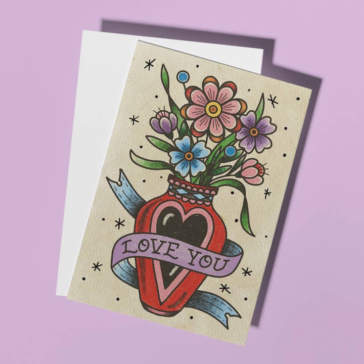 Love You Greeting Card - Traditional Tattoo Style for wholesale by Odd Bird Books