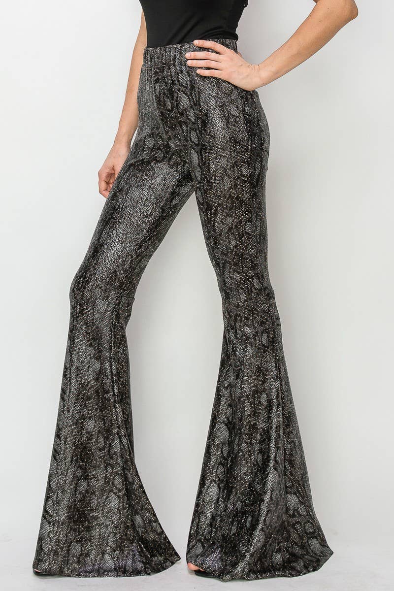 WISTERIA LANE - Wholesale Pants - Women's - PLUS SIZE PYTHON GOLD FOIL BELLBOTTOM KNIT PANTS-2300PAD5