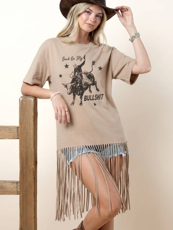 D1561-6936-Abito con stampa di tori da rodeo occidentale di Tanya con frange per la vendita all'ingrosso da parte di Nylon Apparel