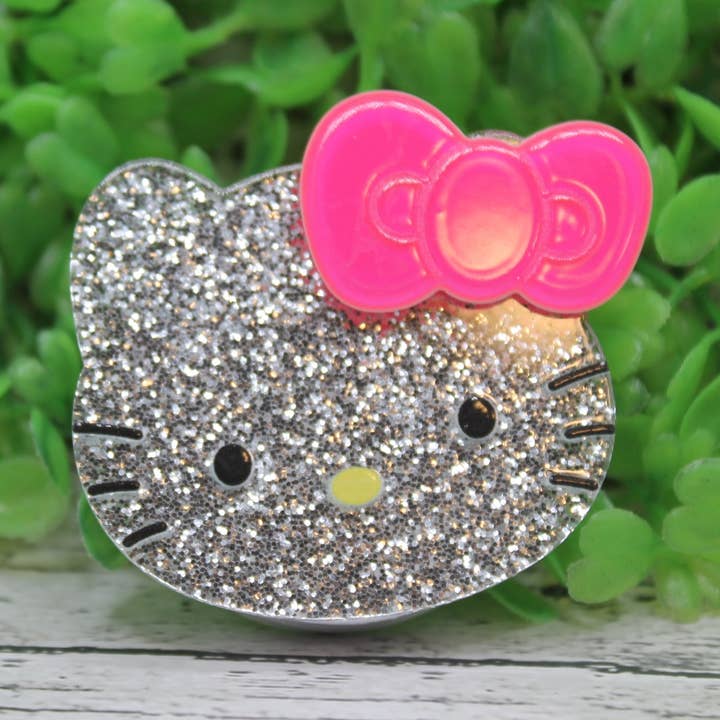 Soporte / Agarre para Teléfono de Gato Plateado con Purpurina y Lazo Rosa Neón para venta al por mayor de Hylidae Boutique