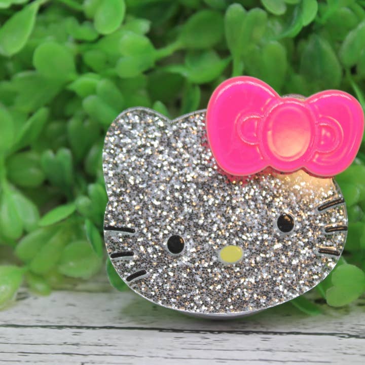 Silver Glitter Cat with Neon Pink Bow Phone Grip / Stand for wholesale by Hylidae Boutique