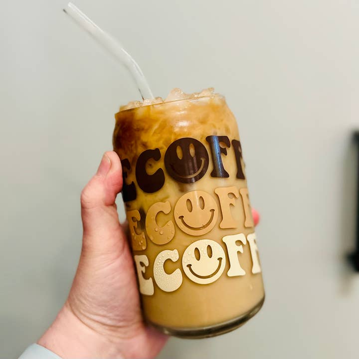 Shades of Brown Smiley Coffee Can Glass Cup for wholesale by Charlotte Nadine Creations