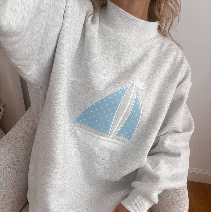 Sunkissed Coconut - Wholesale Sweatshirt - Women's - Polka Dot Sailboat Embroider Mockneck Sweatshirt1