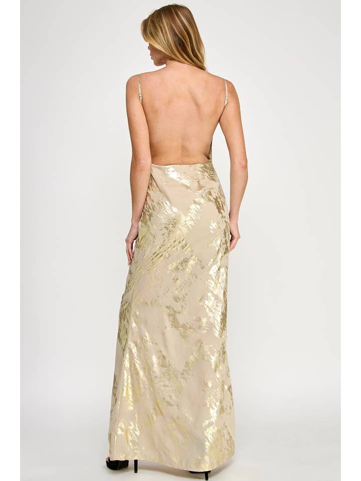 Vestis M - Wholesale Dress - Women's - Gold Foil Open Back Sleeveless Maxi Dress7