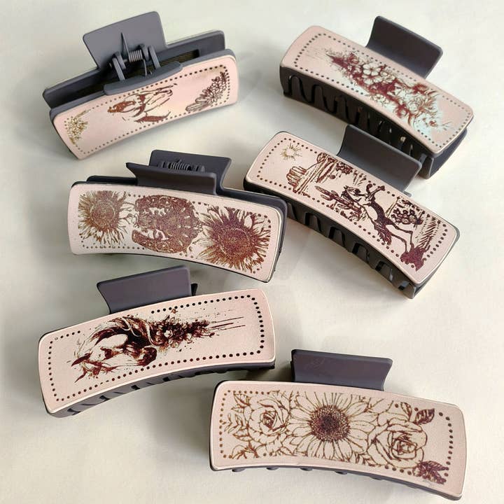 ACCITY - Wholesale Hair Clip - Women's - Cactus Print Leather Hair Claw Clip, Western Style_CWAHA06067