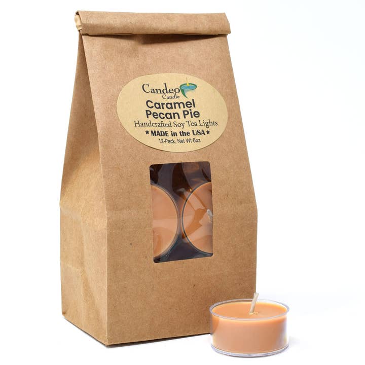 Caramel Pecan Pie, Soy Tea Light 12-Pack for wholesale by Candeo Candle