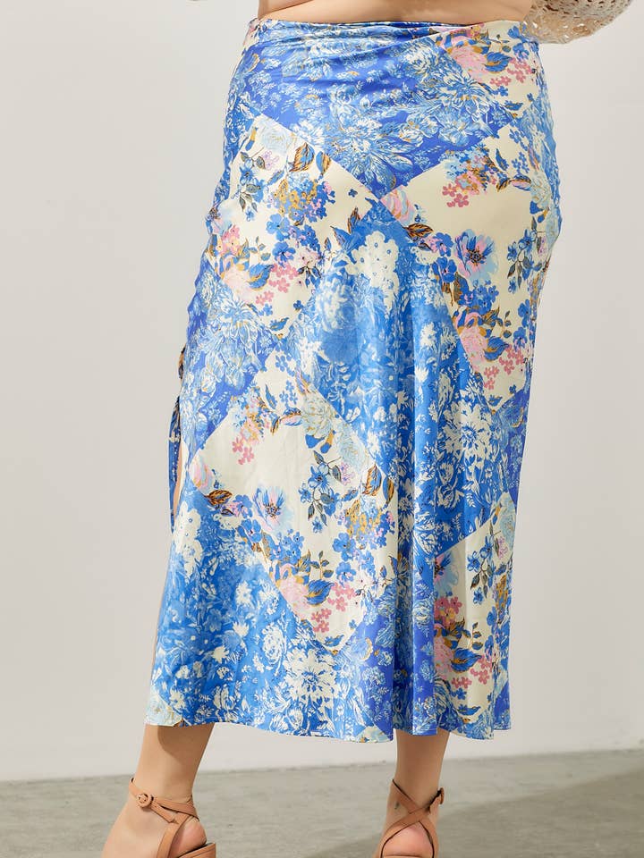 BLUE MULTI SATIN PRINT BIAS MAXI SKIRT for wholesale on Faire
