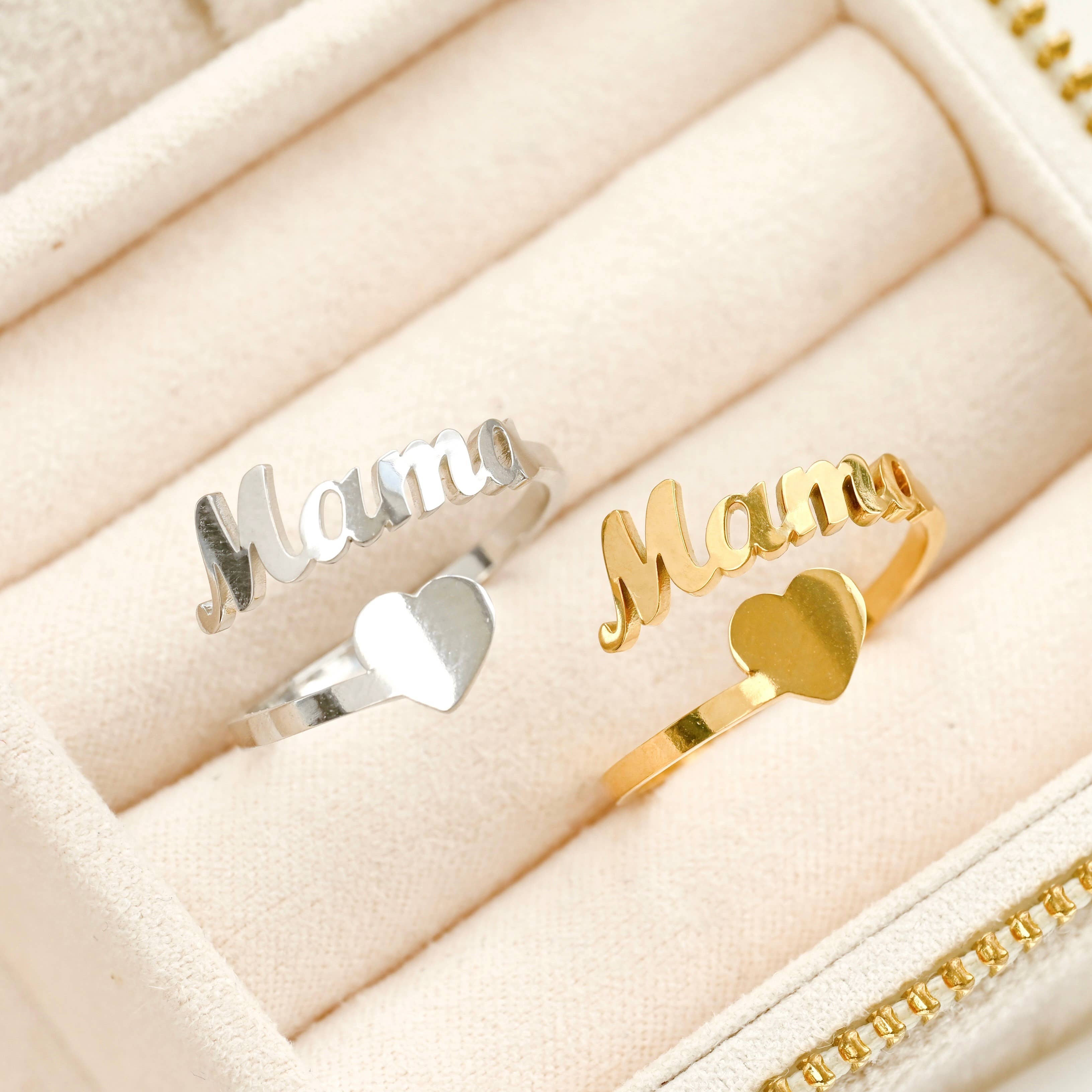 Blueyejewelry – wholesale Band/Stackad Ring – Mama hjärtring - Öppen guldmama-ring - Smyckesgåva till mamma2