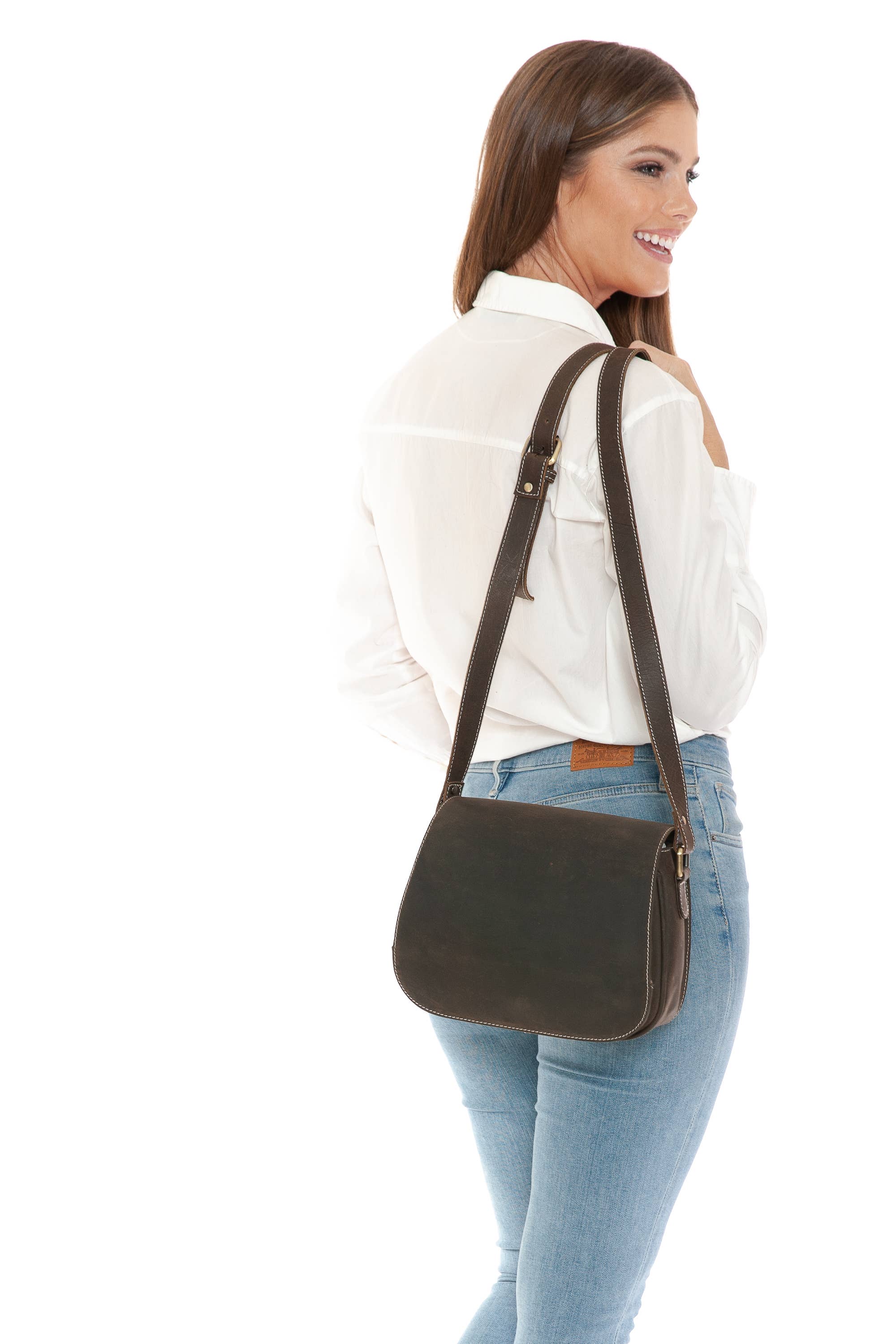 Leather Impressions Inc - Wholesale Crossbody Bag - Women's - Hunter Leather Flap Over Saddle Bag6