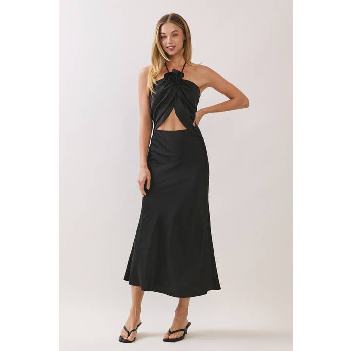 Satin Halter Top and Skirt Set with Rosette Detail for wholesale by Honey Mango