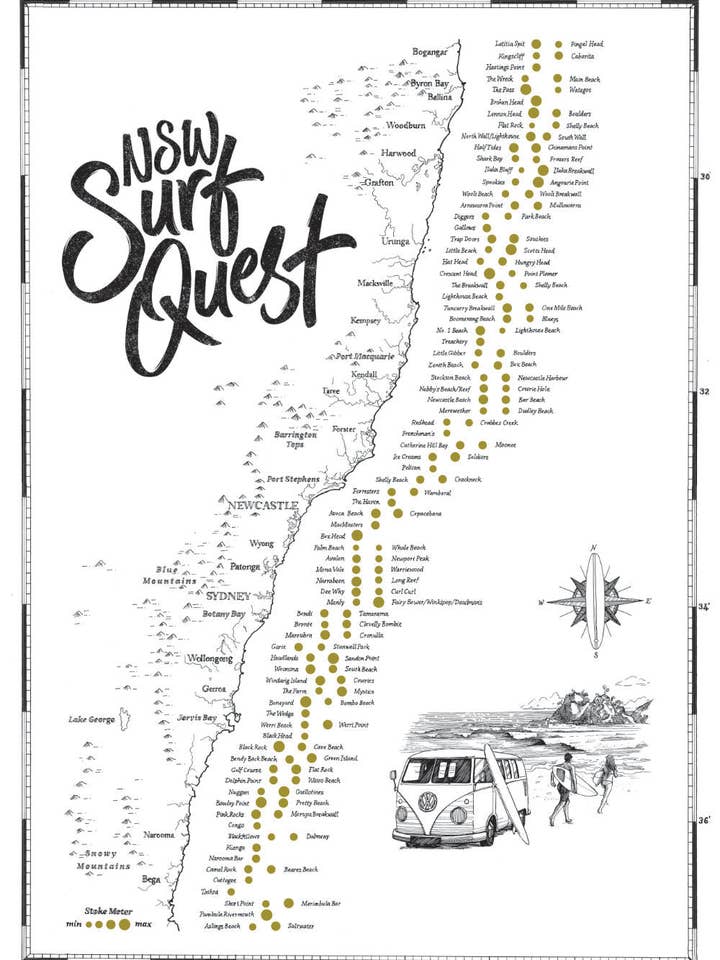 NSW Surf Quest Scratch Map for wholesale by The Quest Maps