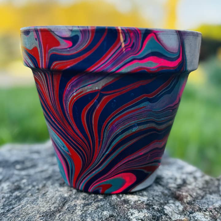 terracotta planters: hand-marbled unique pots for wholesale by Marbling Art LLC