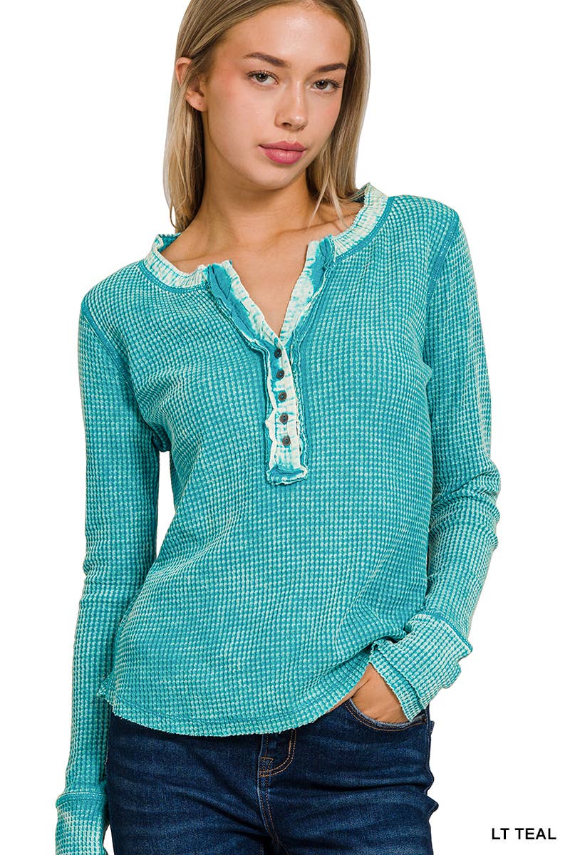 Apolline - Wholesale Knit Top - Women's - Washed Baby Waffle Henley Long Sleeve Top - Back Patch8