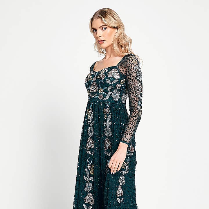 Robe Maxi Martina Verte à Fleurs Ornée pour la vente par Frock & Frill