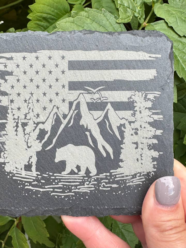 Set of 4 Slate Coasters | American Flag | Bear | Mountains | Laser Engraved | Square Coaster | Wedding Gift | Nature Lover | Gift for wholesale by Redneckbougie Co