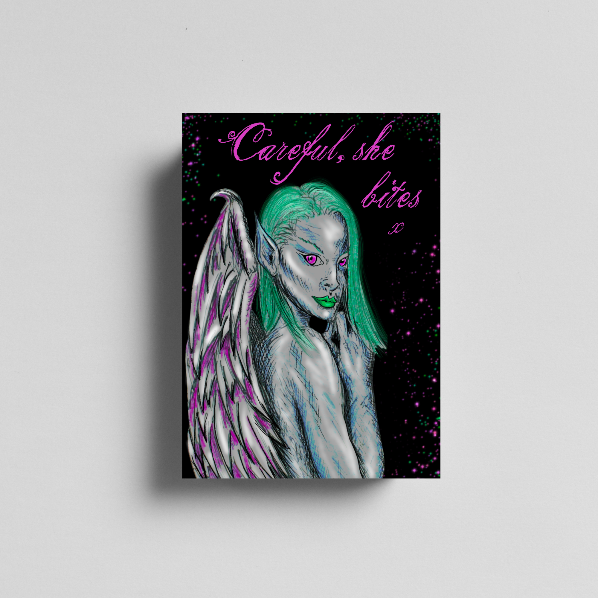 Hannah Kate Makes - Wholesale Art Print - Dark Angel Art Print - Careful She Bites - A5/A4  Pink/Green10