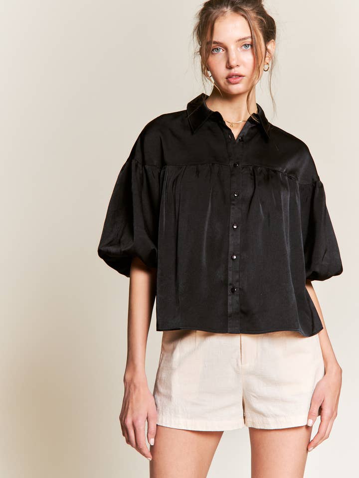 Button down silky collar top P00340plus for wholesale by Petal Dew