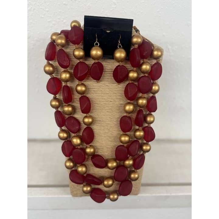 3 STRANDS MULTI LAYER RED AND METALLIC GOLD BEADS MULTI STRA for wholesale by International Duru's