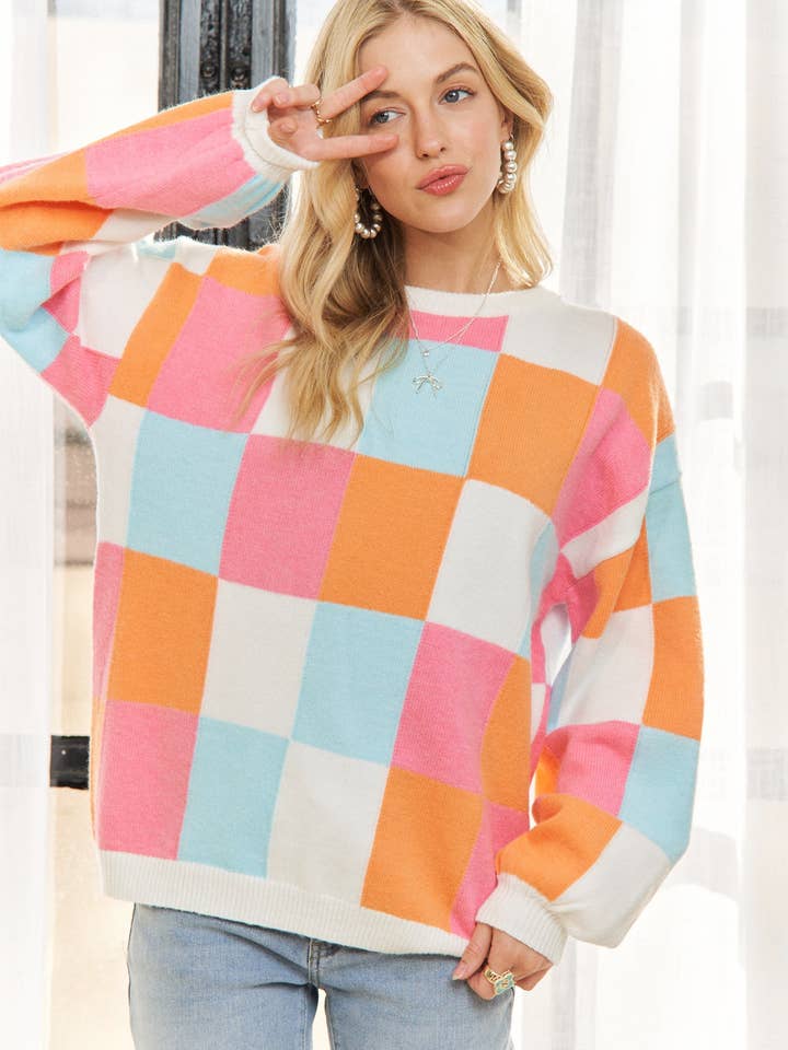 CESW3796-MULTICOLOR CHECKER COLORBLOCK SWEATER for wholesale by ADORA LA