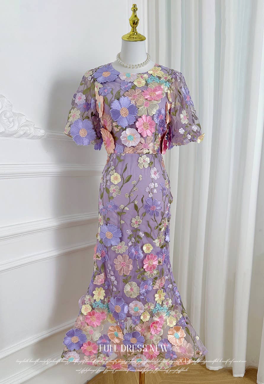 Sanyao Fashion - Wholesale Dress - Women's - SY474 3D Floral Embroidered Puff Sleeve Fishtail Skirt2