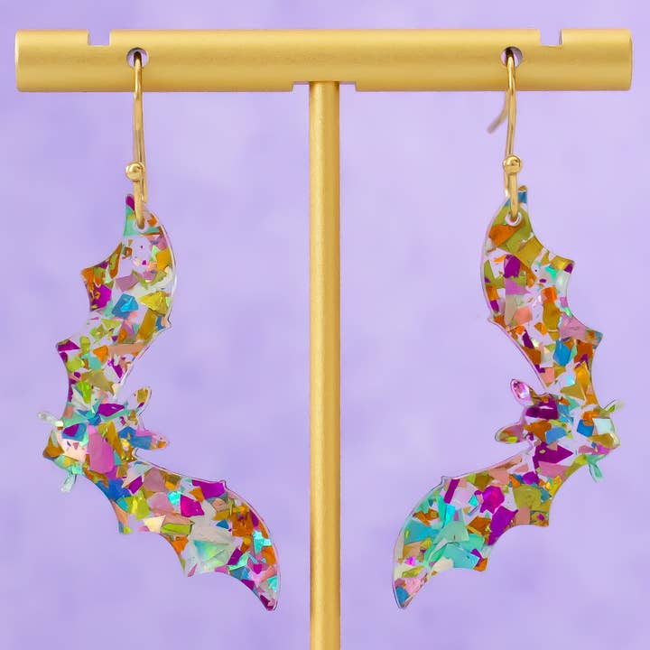 Boucles d'oreilles d'Halloween en forme de chauve-souris à paillettes, pendentifs effrayants pour la vente par Momenti di Vita