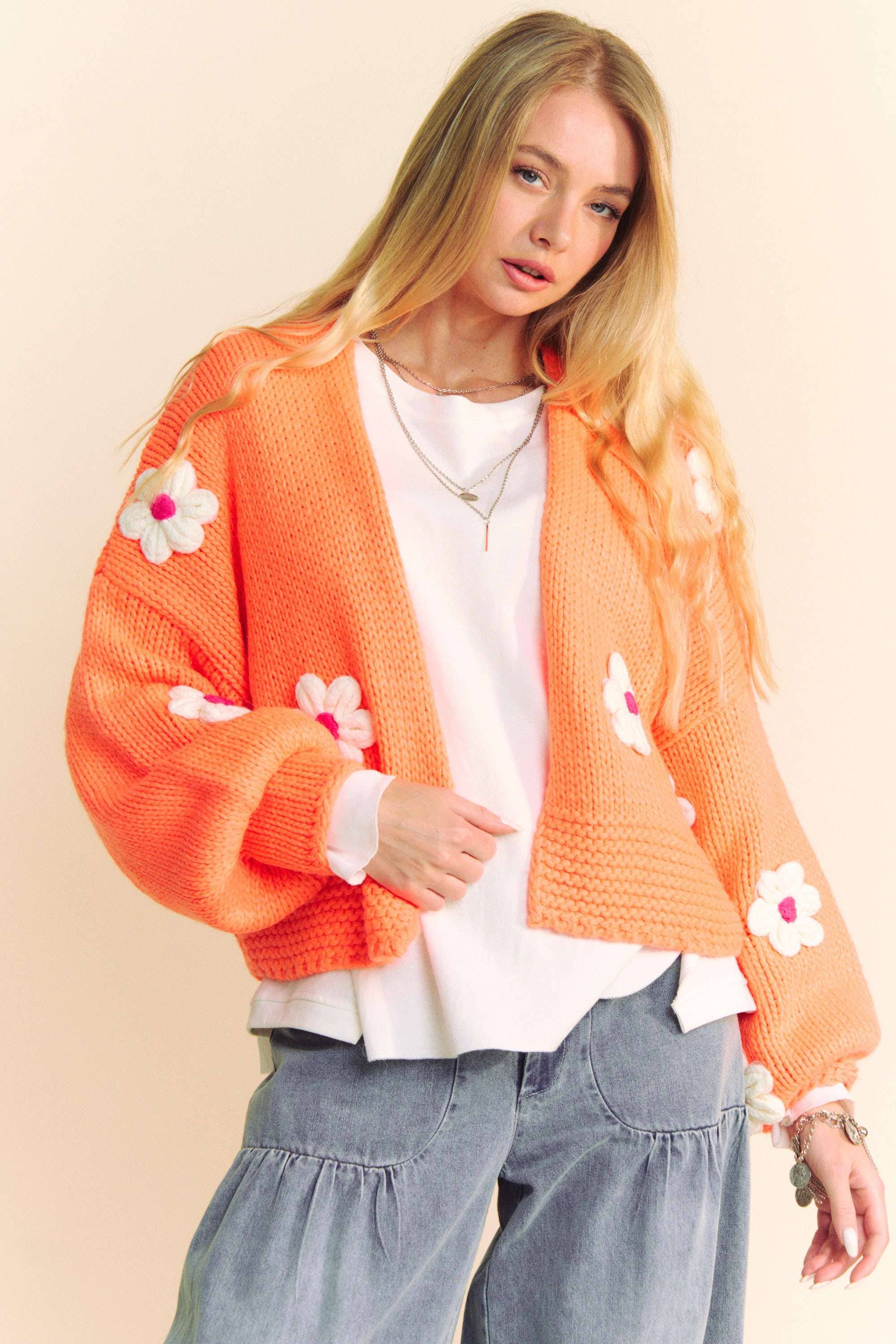 NEON ORANGE PLUS FLORAL APPLIQUE LANTERN SLEEVE CROP CARDIGAN for wholesale on Faire3