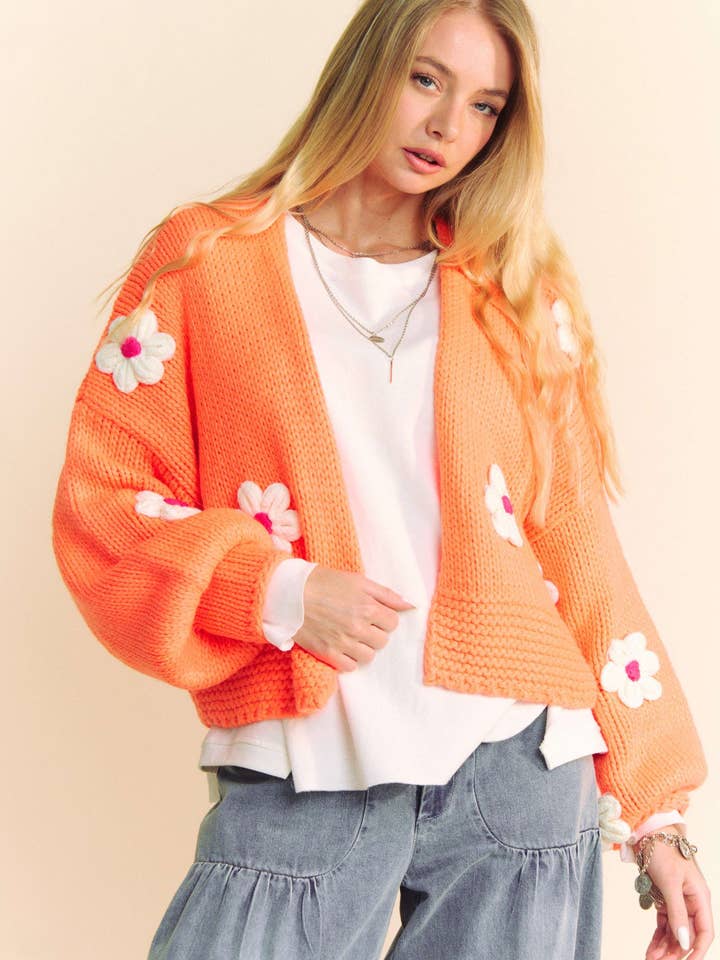 NEON ORANGE PLUS FLORAL APPLIQUE LANTERN SLEEVE CROP CARDIGAN for wholesale on Faire3