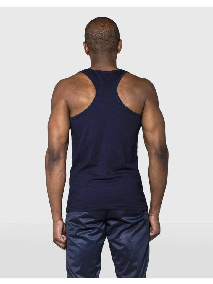Cerus Clothing - Wholesale Tank top – Men's - Cerus Navy Stringer Vest with White small print logo3