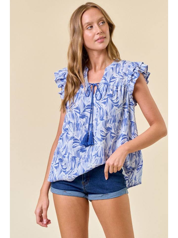 Doe and Rae - Wholesale Blouse - Women's - Abstract Print V-Neck Double Ruffled Cap Sleeve - 44961T