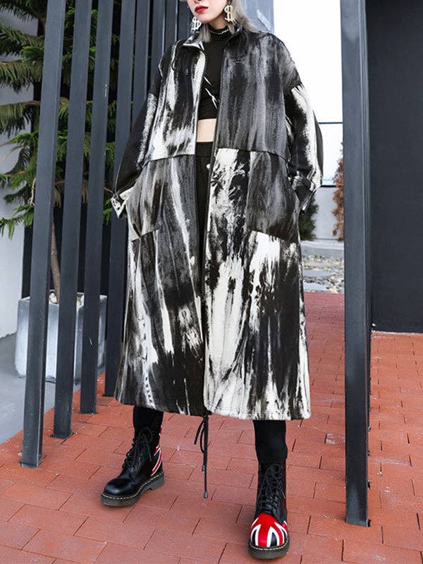 BLACK Drawstring Split-Joint Zipper Long Sleeves Loose Round-Neck Trench Coats for wholesale on Faire