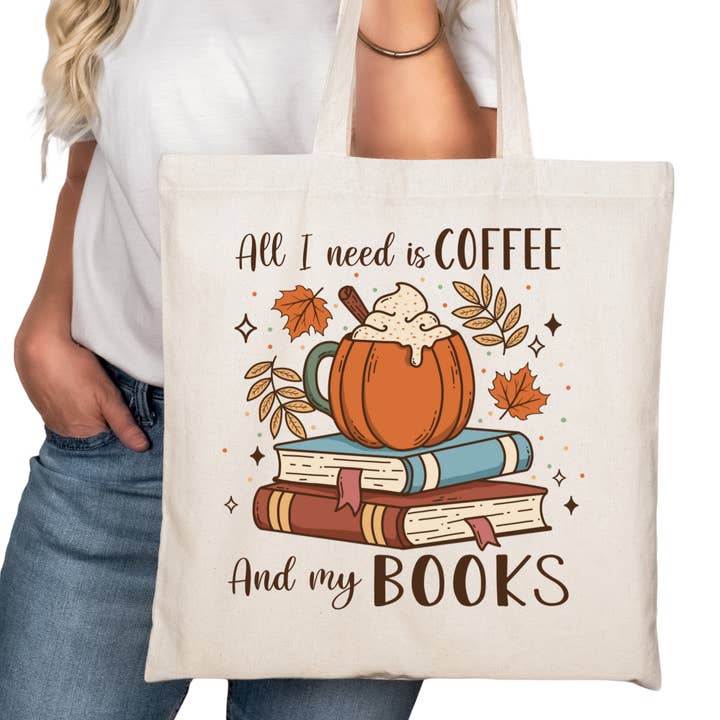 All I Need is Coffee and Books Bookish Tote Bag – Reading Tote for Book Lovers – Book Reader Bag - Romance Reader Tote - Book Store for wholesale by Purely Bookish