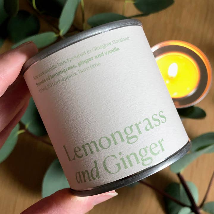 Lemongrass and Ginger Soy Wax Candle Tin for wholesale by Lovat Press