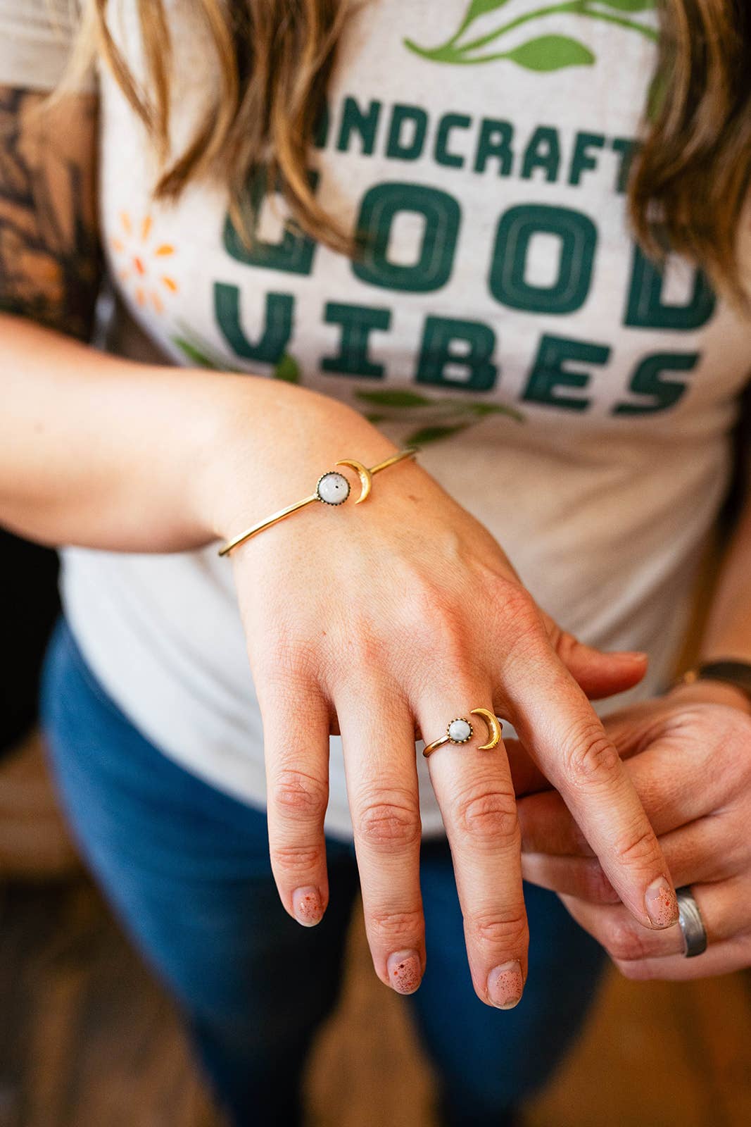 Bella Vita Jewelry - Wholesale Cuff Bracelet - Gemstone Sun and Moon Open Brass Bangle Bracelet9