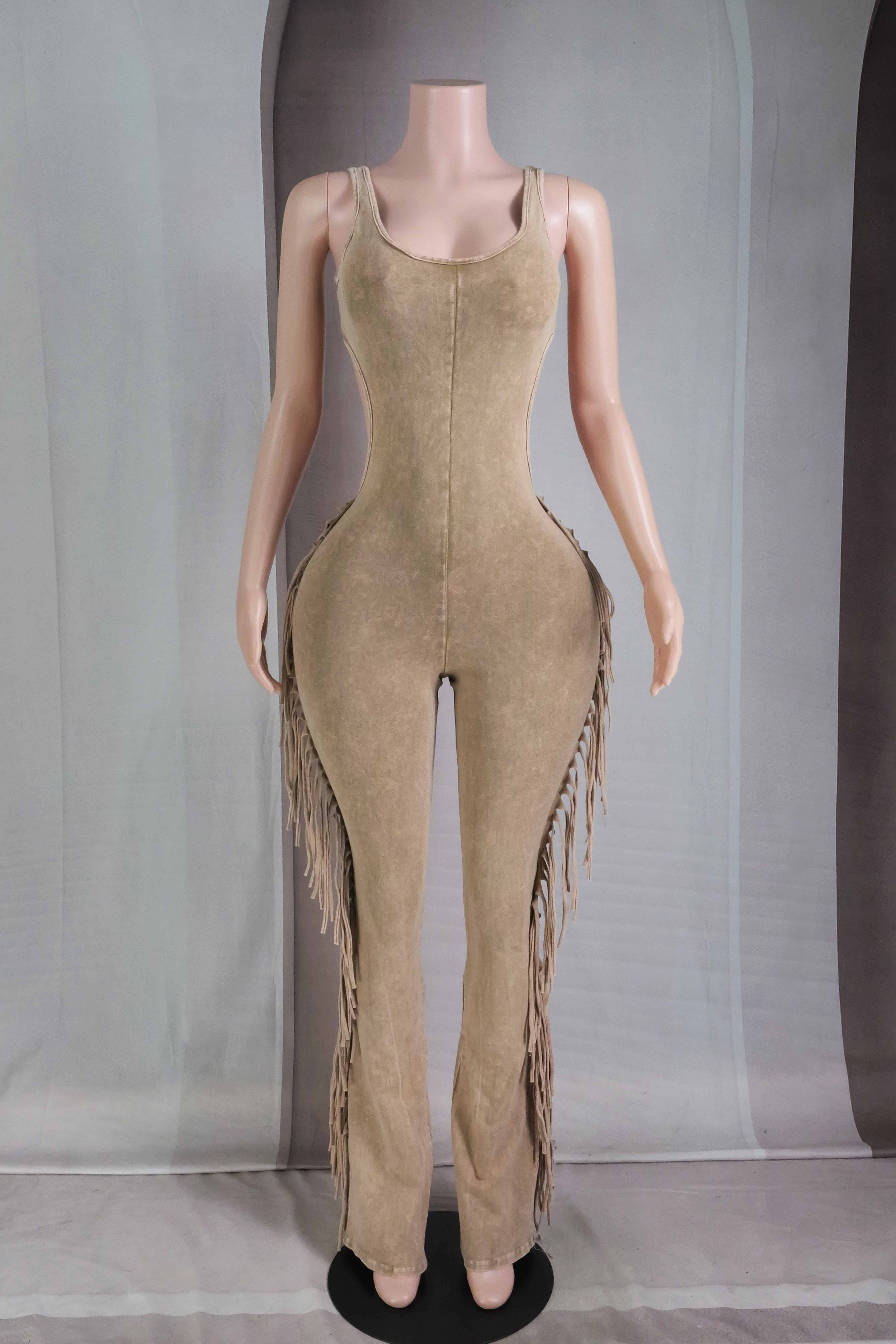 Cocoa Cream MINERAL WASH FRINGE OPEN BACK JUMPSUIT for wholesale on Faire1
