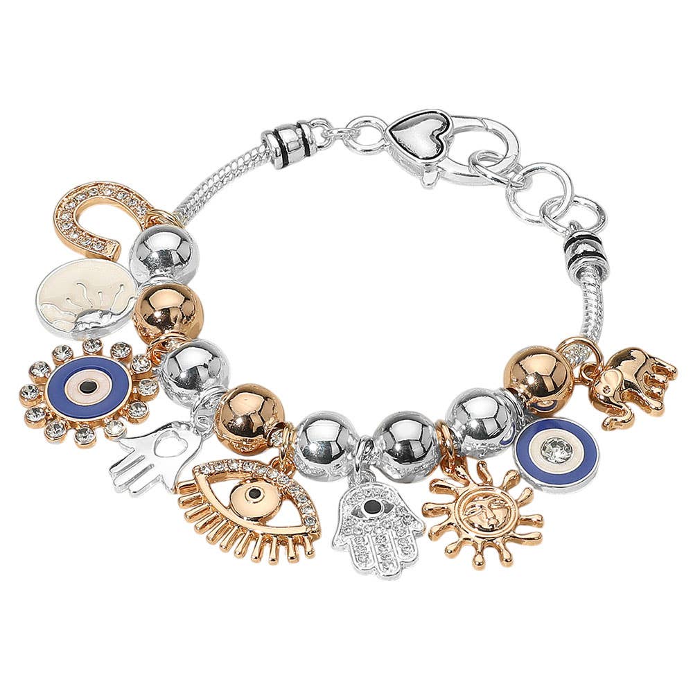 Sensibling Corp. - Vendita all'ingrosso Braccialetto con ciondolo/pendente - Braccialetto con ciondoli a forma di occhio malvagio, mano di Hamsa, elefante, sole, ferro di cavallo e perline.1