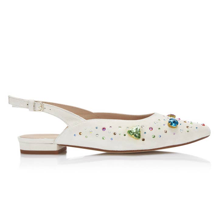 The Moment Flat Slingback - Ivory Suede/Multicolour Crystals for wholesale by Nicki Hoyne